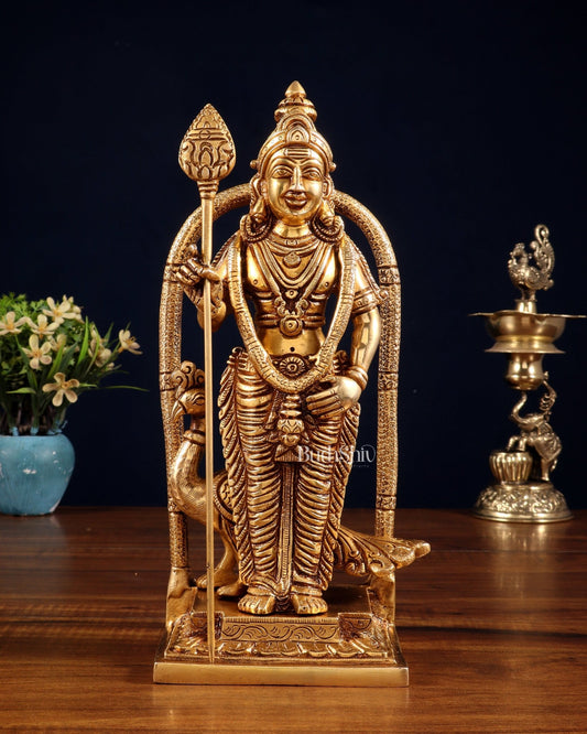 Pure Brass Lord Kartikeya Murugan Swamy Idol 9" - Budhshiv.com