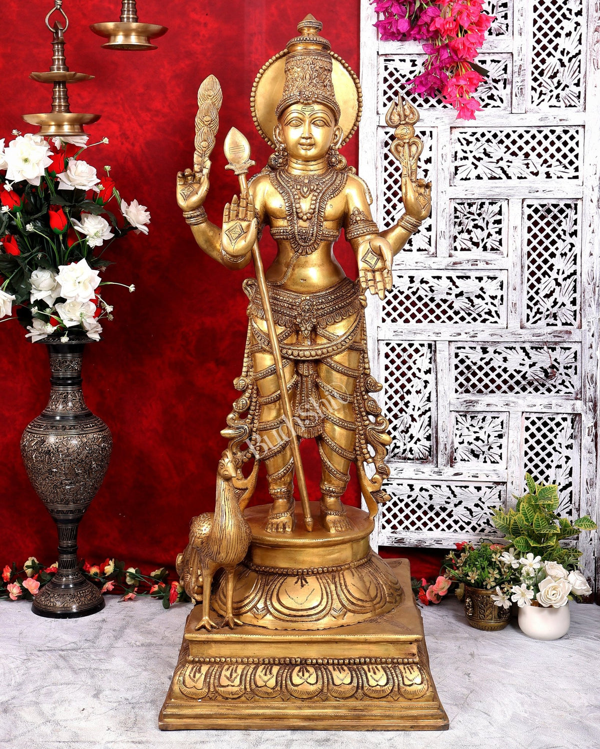 Pure Brass Lord Kartikeya (Murugan Swamy) Large Statue – Temple Grade Divine Artefact 49 inch - Budhshiv.com