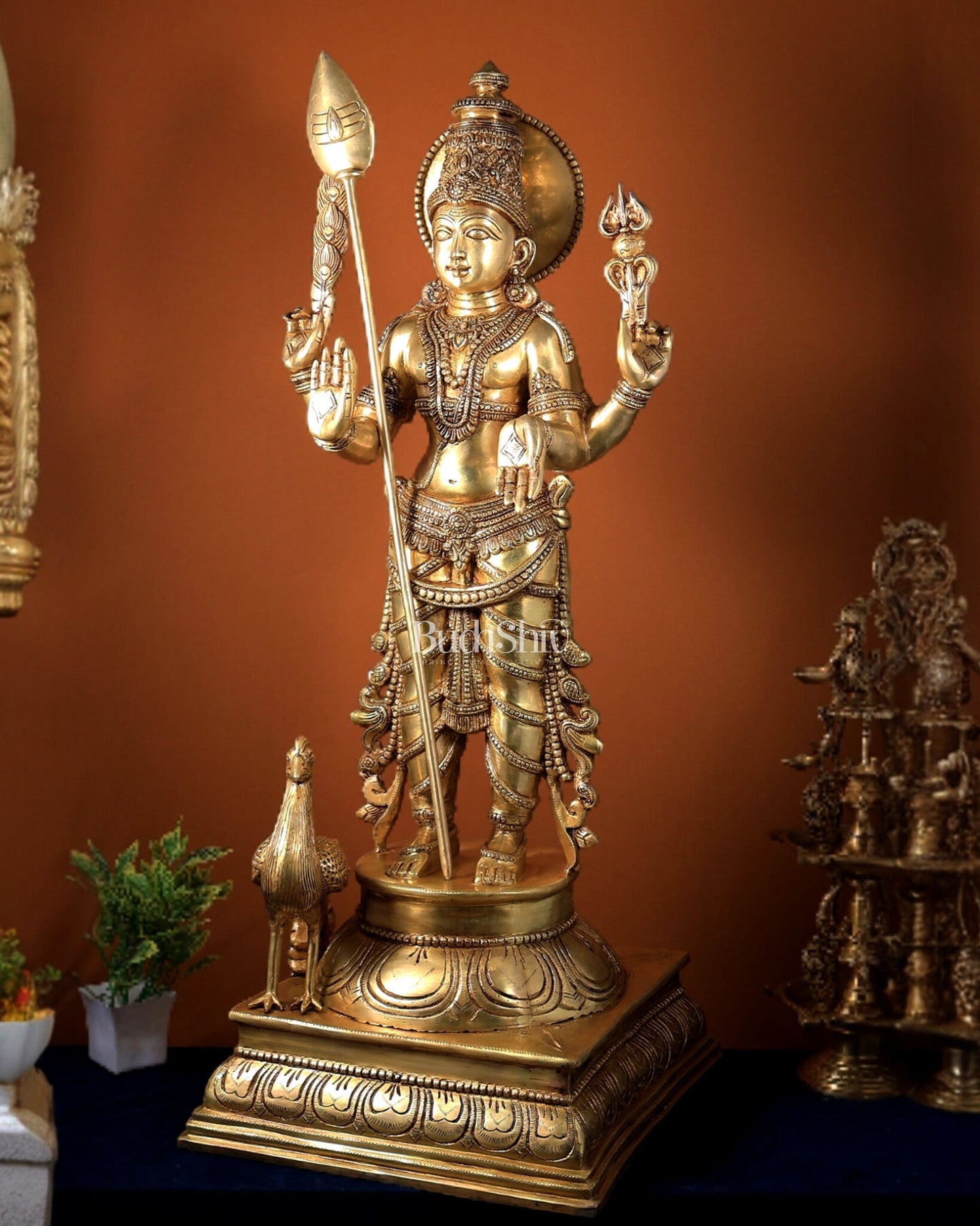 Pure Brass Lord Kartikeya (Murugan Swamy) Large Statue – Temple Grade Divine Artefact 49 inch - Budhshiv.com