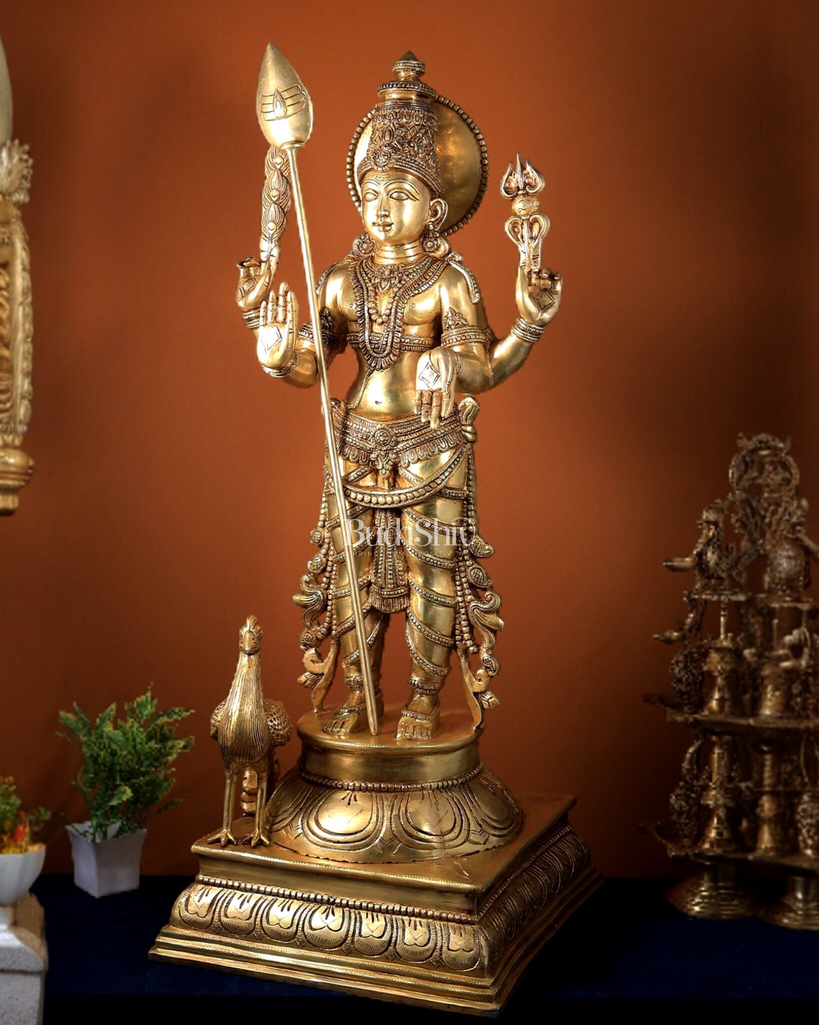 Pure Brass Lord Kartikeya (Murugan Swamy) Large Statue – Temple Grade Divine Artefact 49 inch - Budhshiv.com