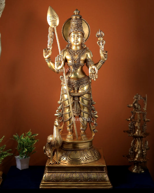 Pure Brass Lord Kartikeya (Murugan Swamy) Large Statue – Temple Grade Divine Artefact 49 inch - Budhshiv.com