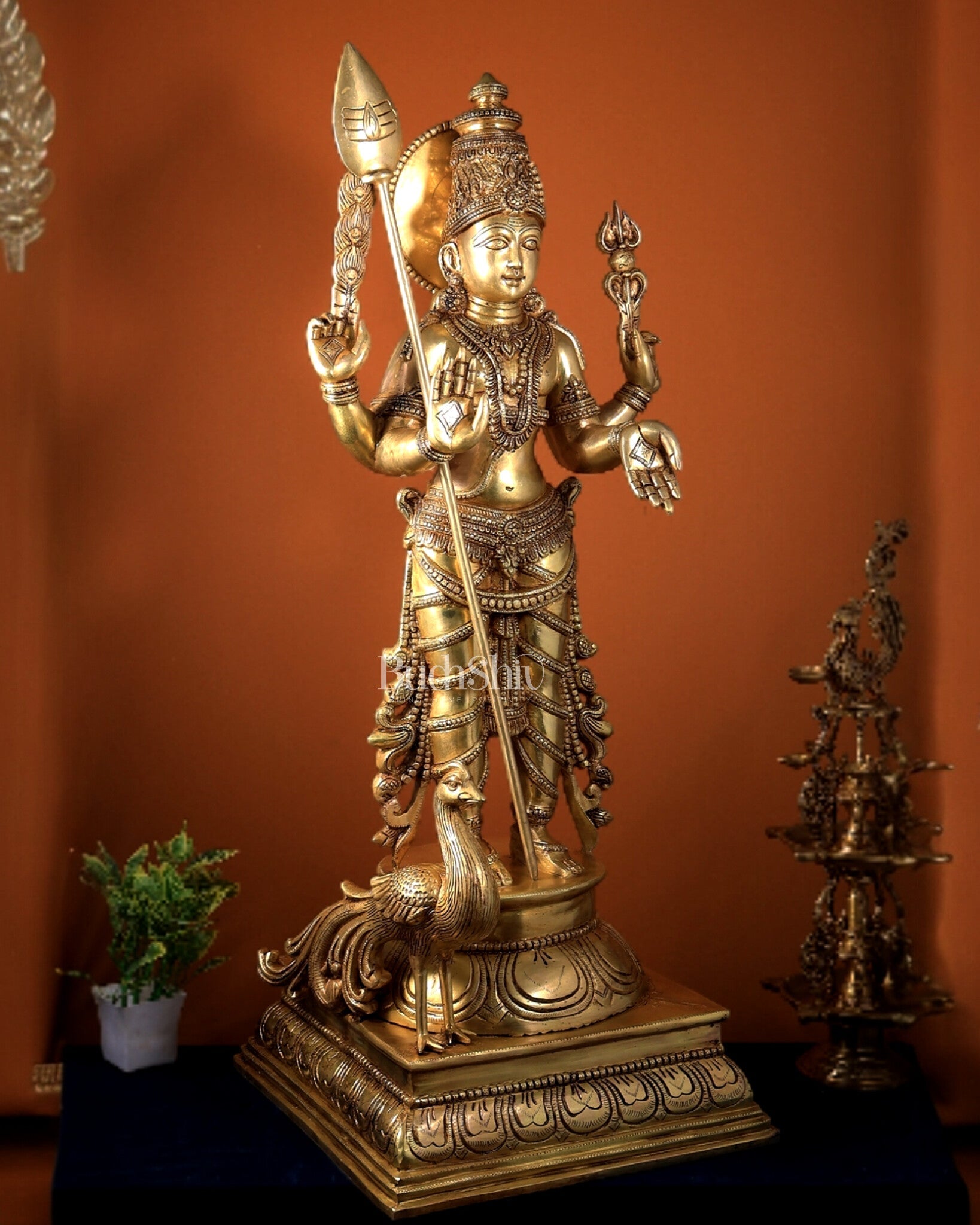 Pure Brass Lord Kartikeya (Murugan Swamy) Large Statue – Temple Grade Divine Artefact 49 inch - Budhshiv.com