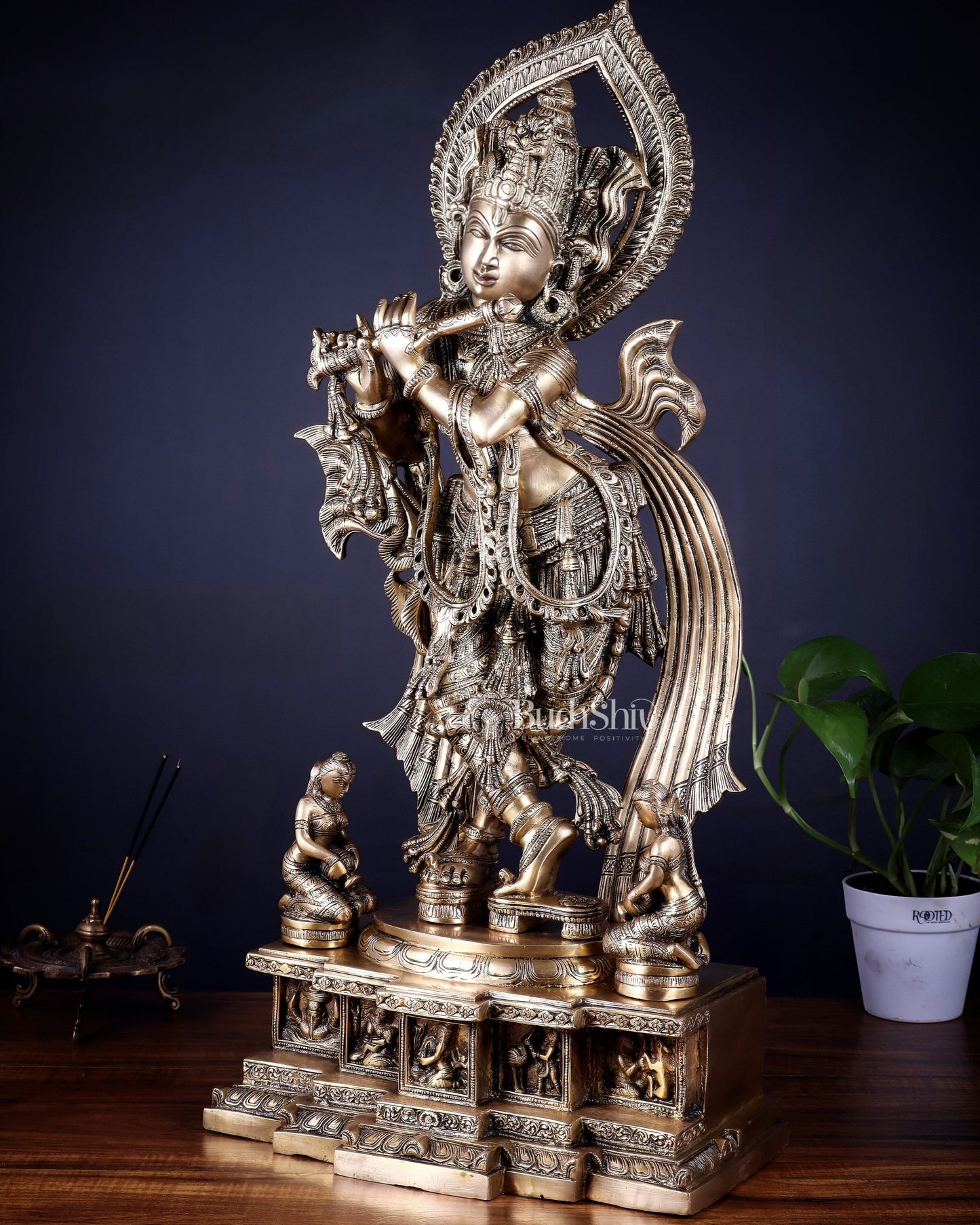 Pure Brass Lord Krishna Chola - Inspired Sculpture 25 inch - Budhshiv.com
