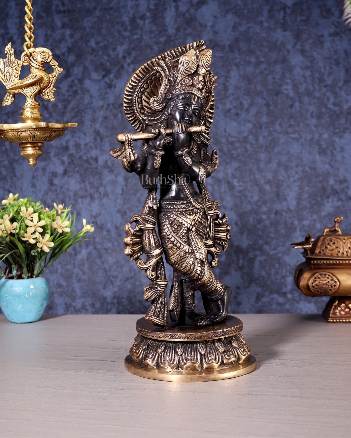 Pure Brass Lord Krishna Divine Idol – 12.5 Inch black and gold - Budhshiv.com