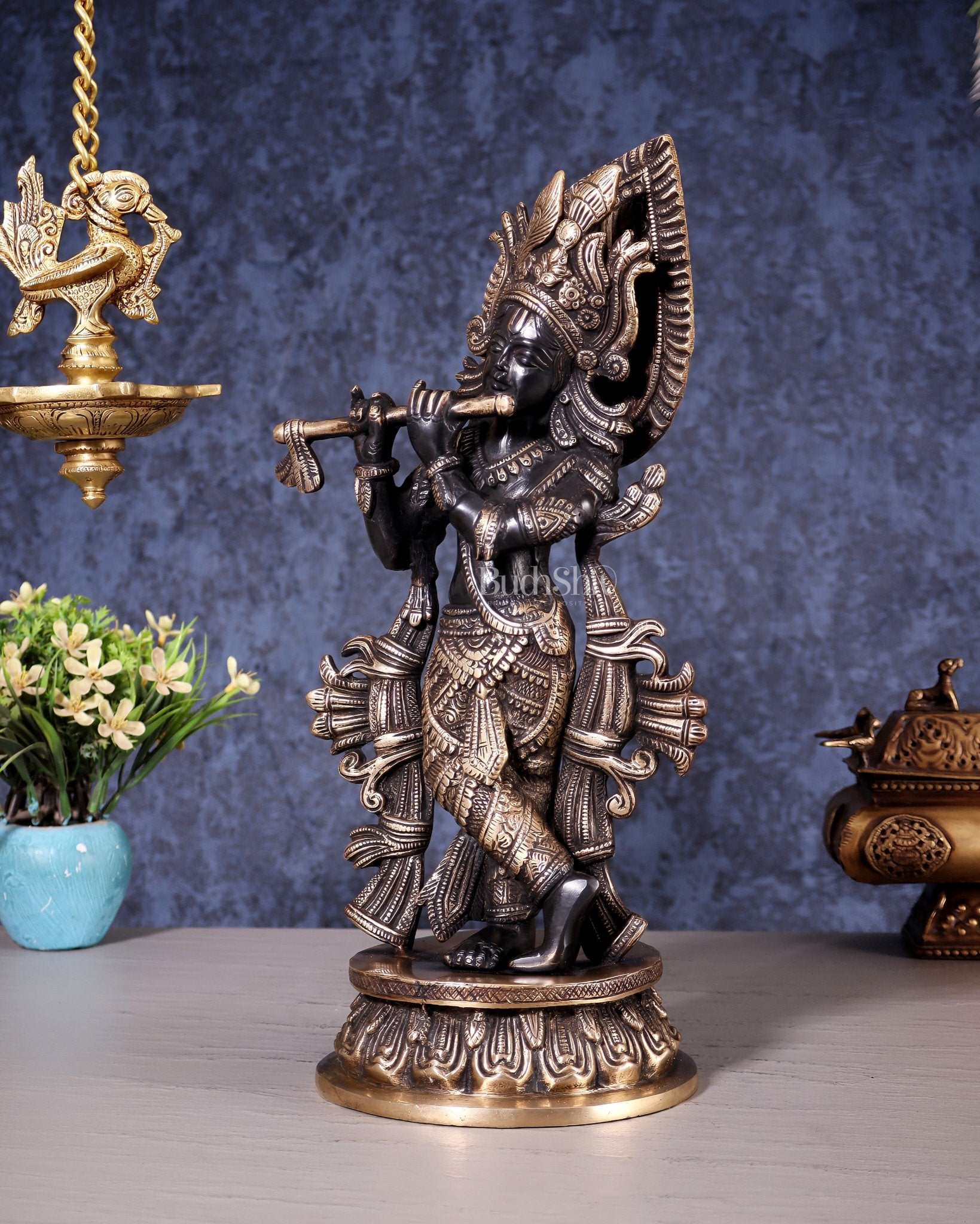 Pure Brass Lord Krishna Divine Idol – 12.5 Inch black and gold - Budhshiv.com