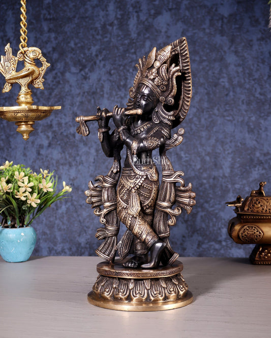 Pure Brass Lord Krishna Divine Idol – 12.5 Inch black and gold - Budhshiv.com