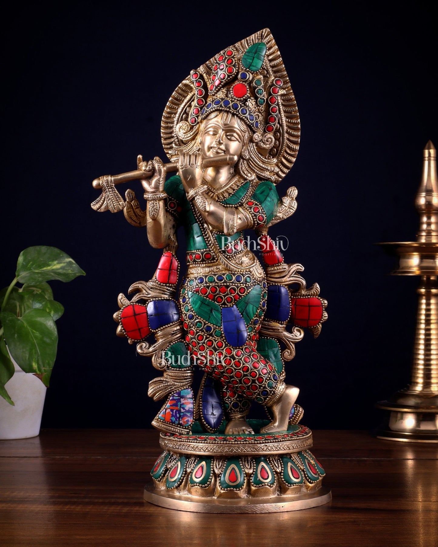 Pure Brass Lord Krishna multicolour Idol – 12.5 Inch - Budhshiv.com