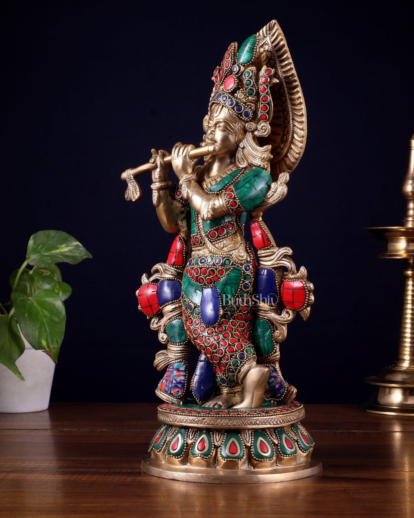 Pure Brass Lord Krishna multicolour Idol – 12.5 Inch - Budhshiv.com