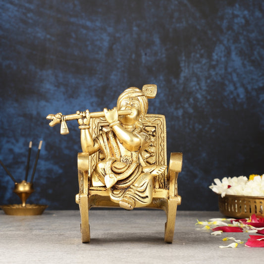 Pure Brass Lord Krishna Seated on Swinging Chair Idol Showpiece | 7" - Budhshiv.com