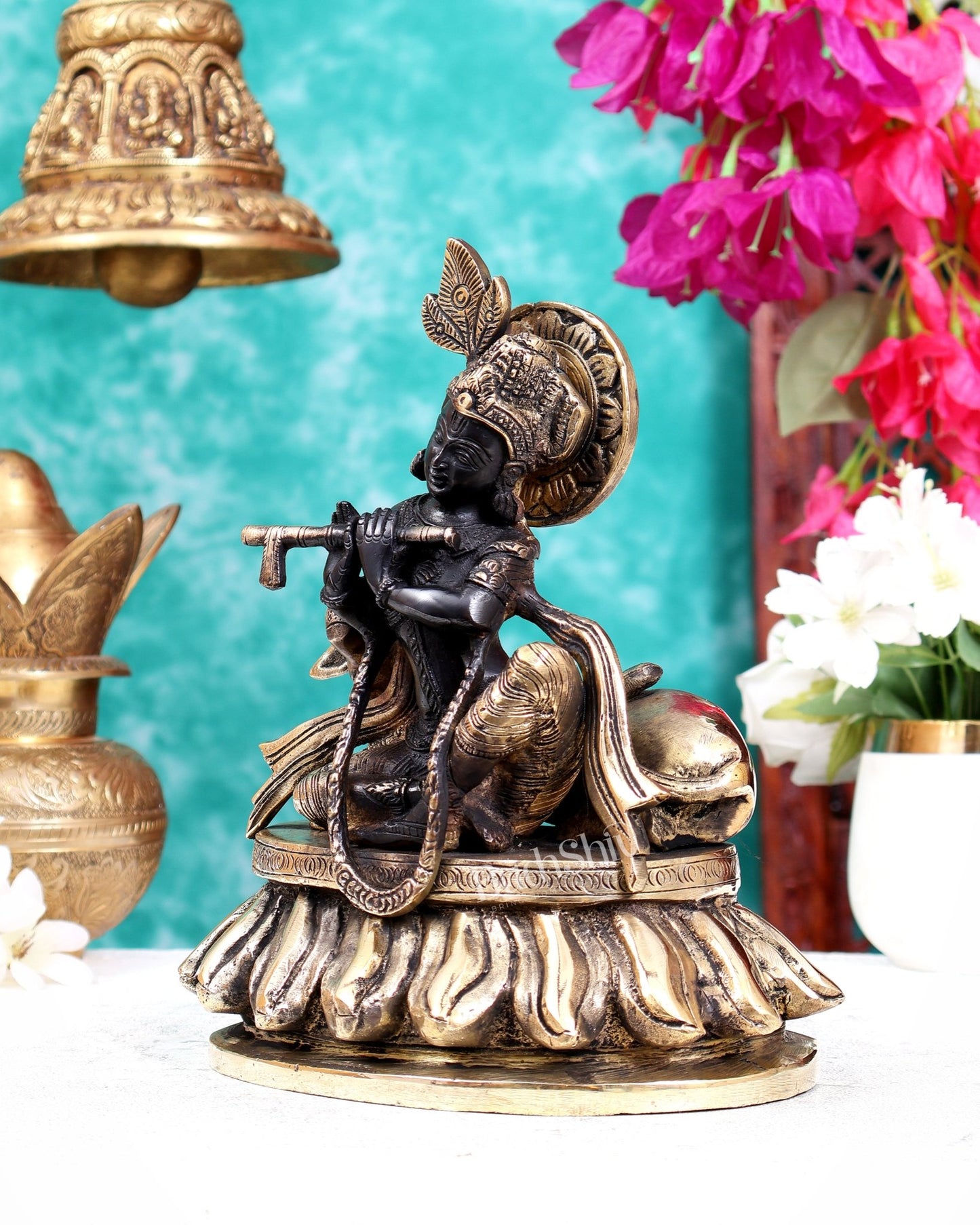 Pure Brass Lord Krishna Sitting with Cow Idol 8.5" antique black and gold - Budhshiv.com