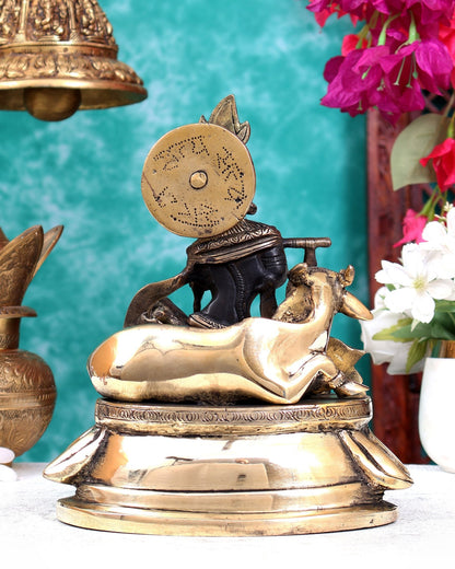 Pure Brass Lord Krishna Sitting with Cow Idol 8.5" antique black and gold - Budhshiv.com