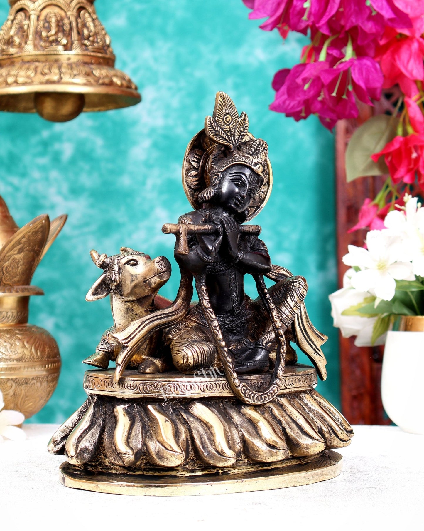 Pure Brass Lord Krishna Sitting with Cow Idol 8.5" antique black and gold - Budhshiv.com