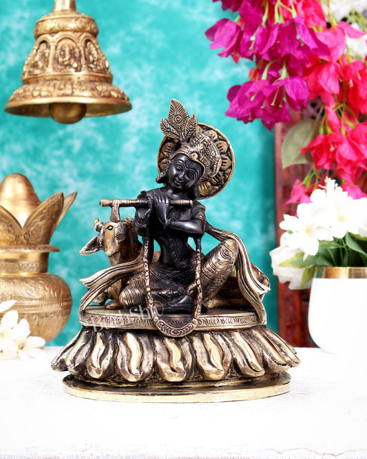 Pure Brass Lord Krishna Sitting with Cow Idol 8.5" antique black and gold - Budhshiv.com