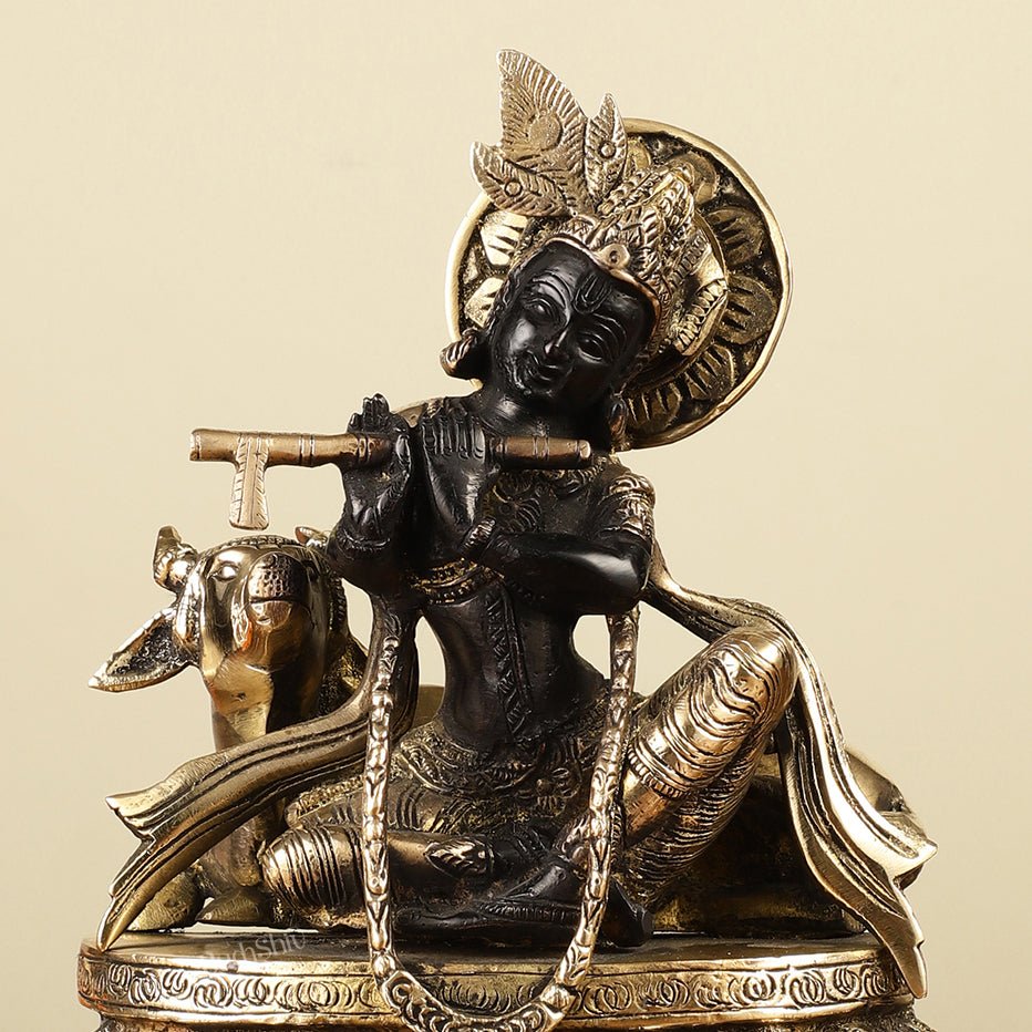 Pure Brass Lord Krishna Sitting with Cow Idol 8.5" black - Budhshiv.com
