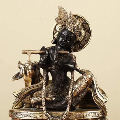 Pure Brass Lord Krishna Sitting with Cow Idol 8.5" black - Budhshiv.com