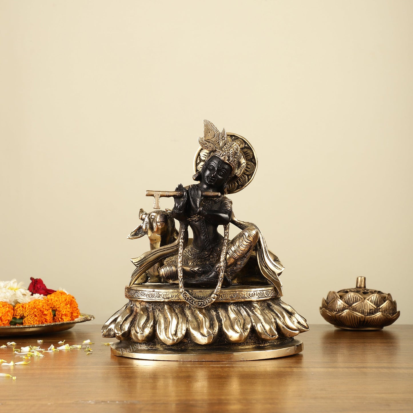 Pure Brass Lord Krishna Sitting with Cow Idol 8.5" black - Budhshiv.com