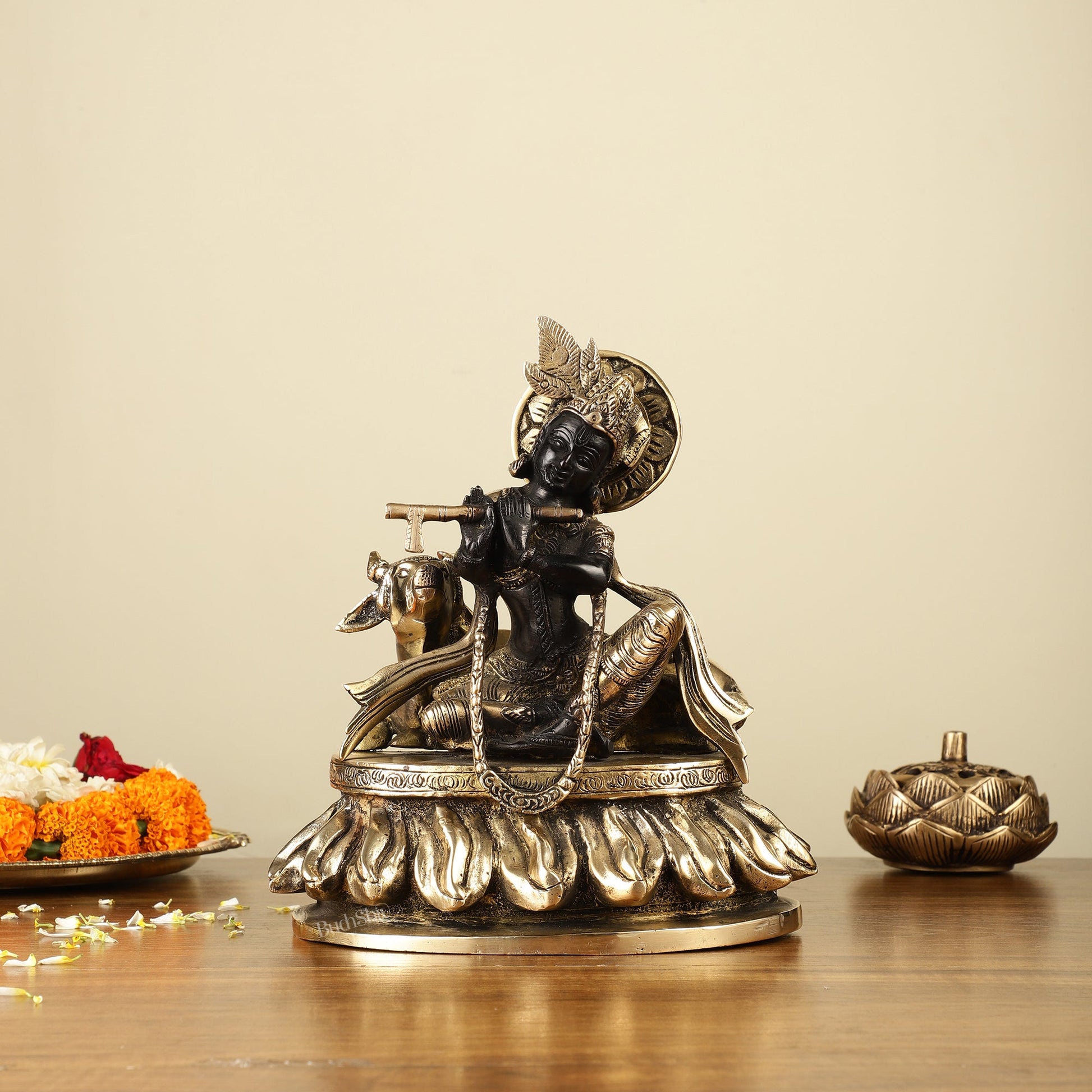 Pure Brass Lord Krishna Sitting with Cow Idol 8.5" black - Budhshiv.com