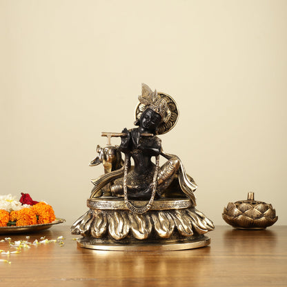 Pure Brass Lord Krishna Sitting with Cow Idol 8.5" black - Budhshiv.com