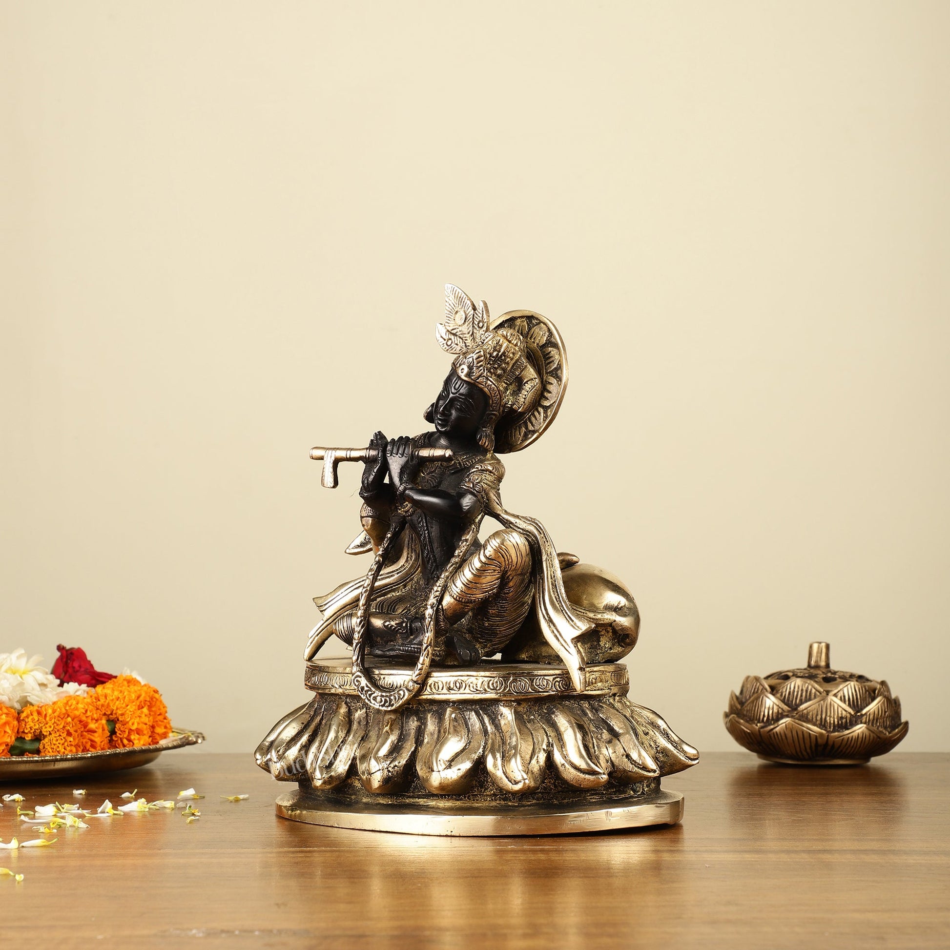 Pure Brass Lord Krishna Sitting with Cow Idol 8.5" black - Budhshiv.com
