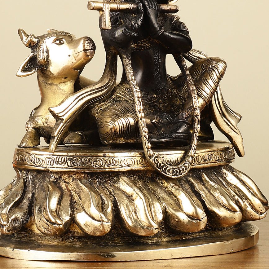 Pure Brass Lord Krishna Sitting with Cow Idol 8.5" black - Budhshiv.com