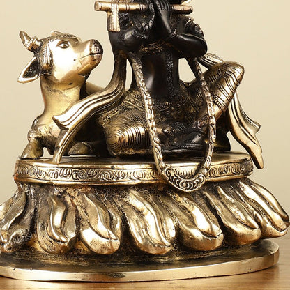 Pure Brass Lord Krishna Sitting with Cow Idol 8.5" black - Budhshiv.com
