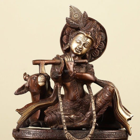 Pure Brass Lord Krishna Sitting with Cow Idol 8.5" - Budhshiv.com