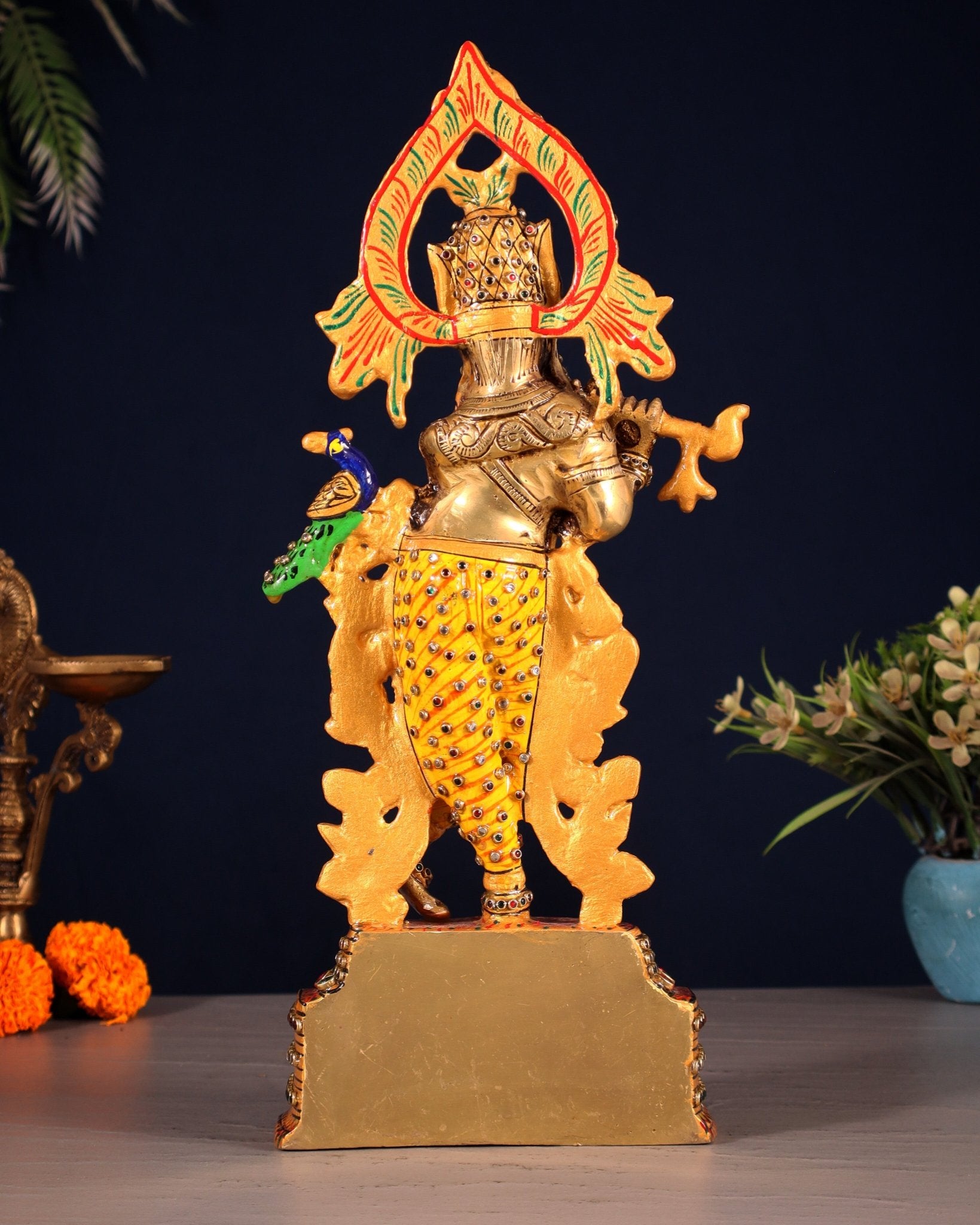 Pure Brass Lord Krishna Statue - 13.5 Inch laakh meenakari - Budhshiv.com