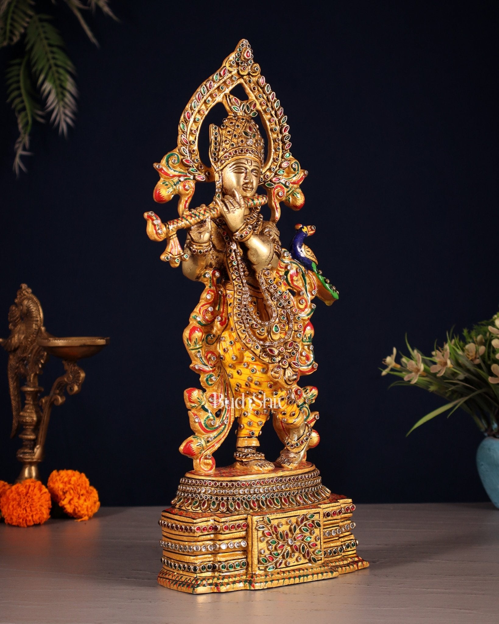 Pure Brass Lord Krishna Statue - 13.5 Inch laakh meenakari - Budhshiv.com