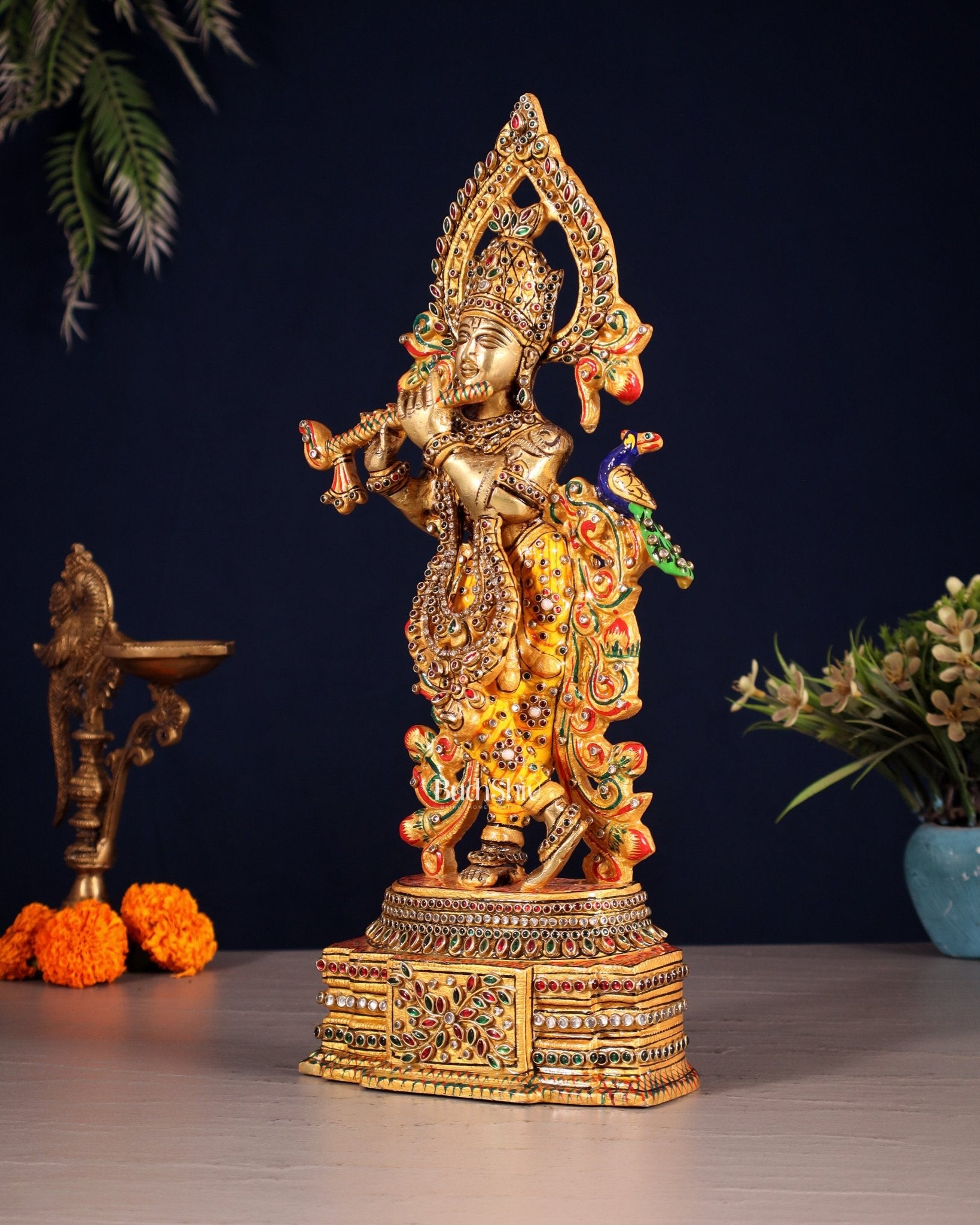 Pure Brass Lord Krishna Statue - 13.5 Inch laakh meenakari - Budhshiv.com