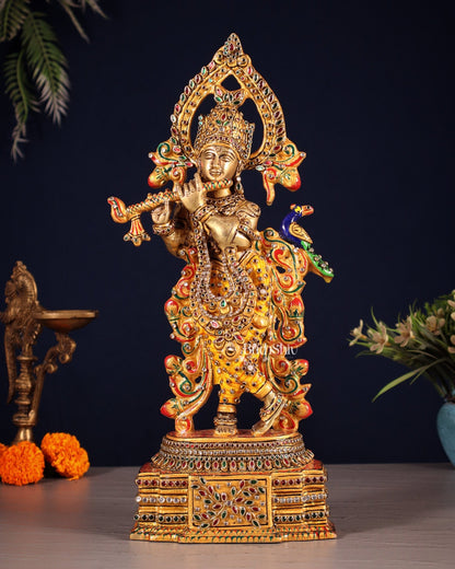 Pure Brass Lord Krishna Statue - 13.5 Inch laakh meenakari - Budhshiv.com