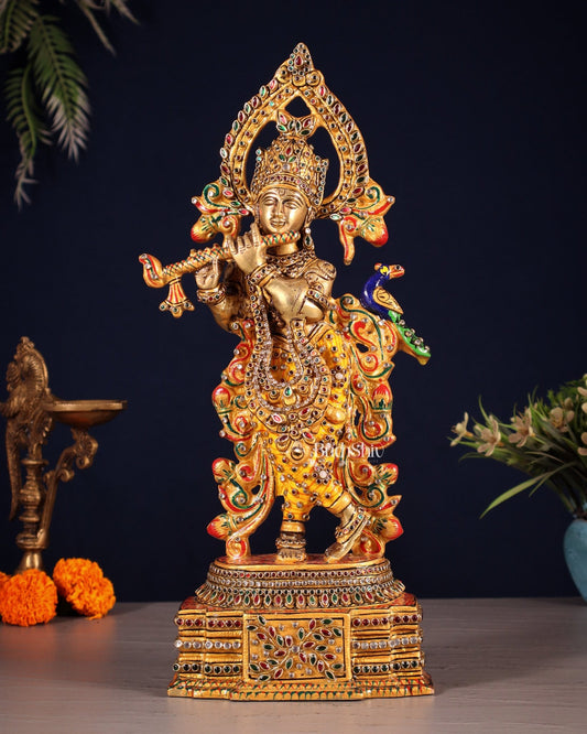 Pure Brass Lord Krishna Statue - 13.5 Inch laakh meenakari - Budhshiv.com