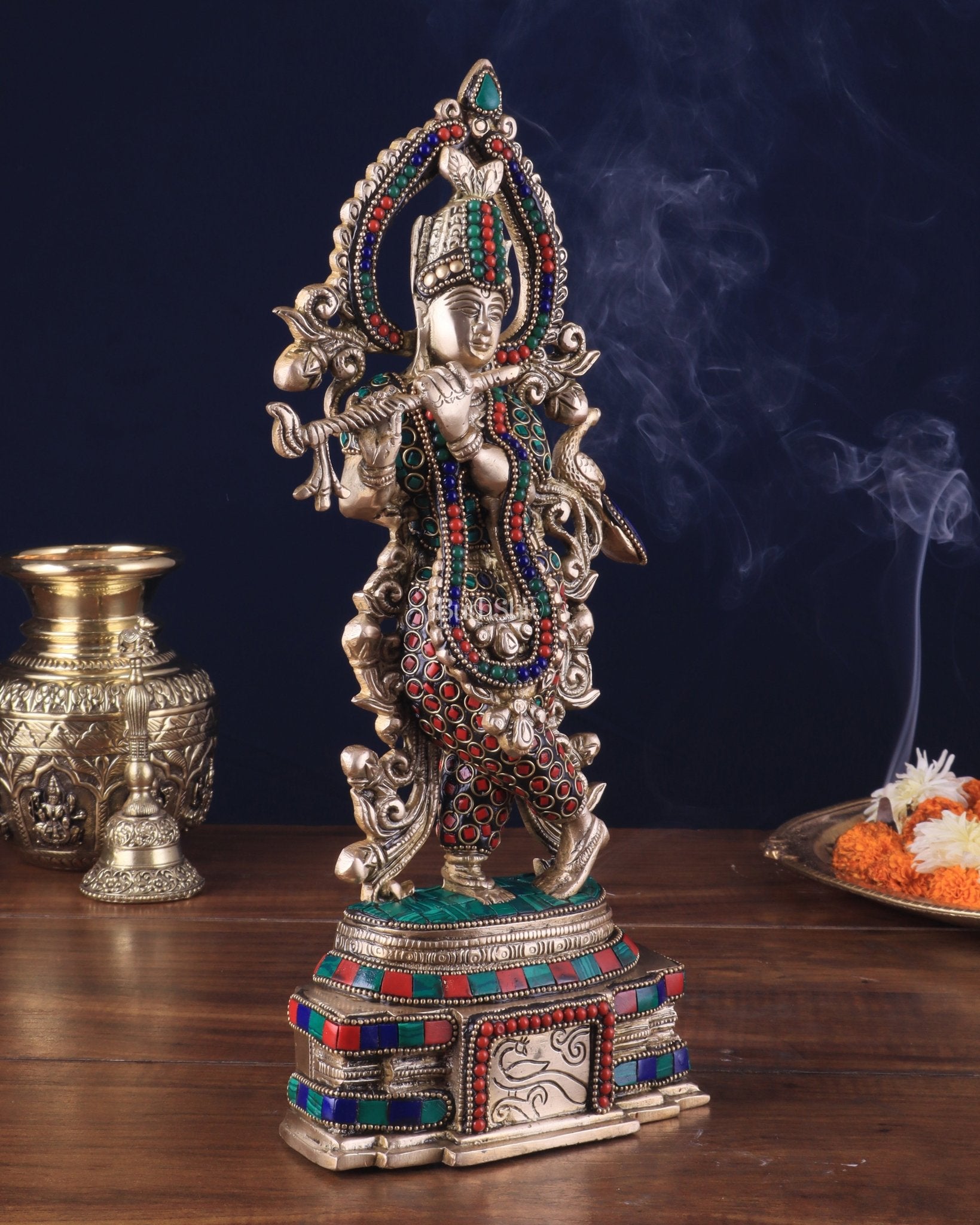 Pure Brass Lord Krishna Statue - 13.5 Inch stonework - Budhshiv.com