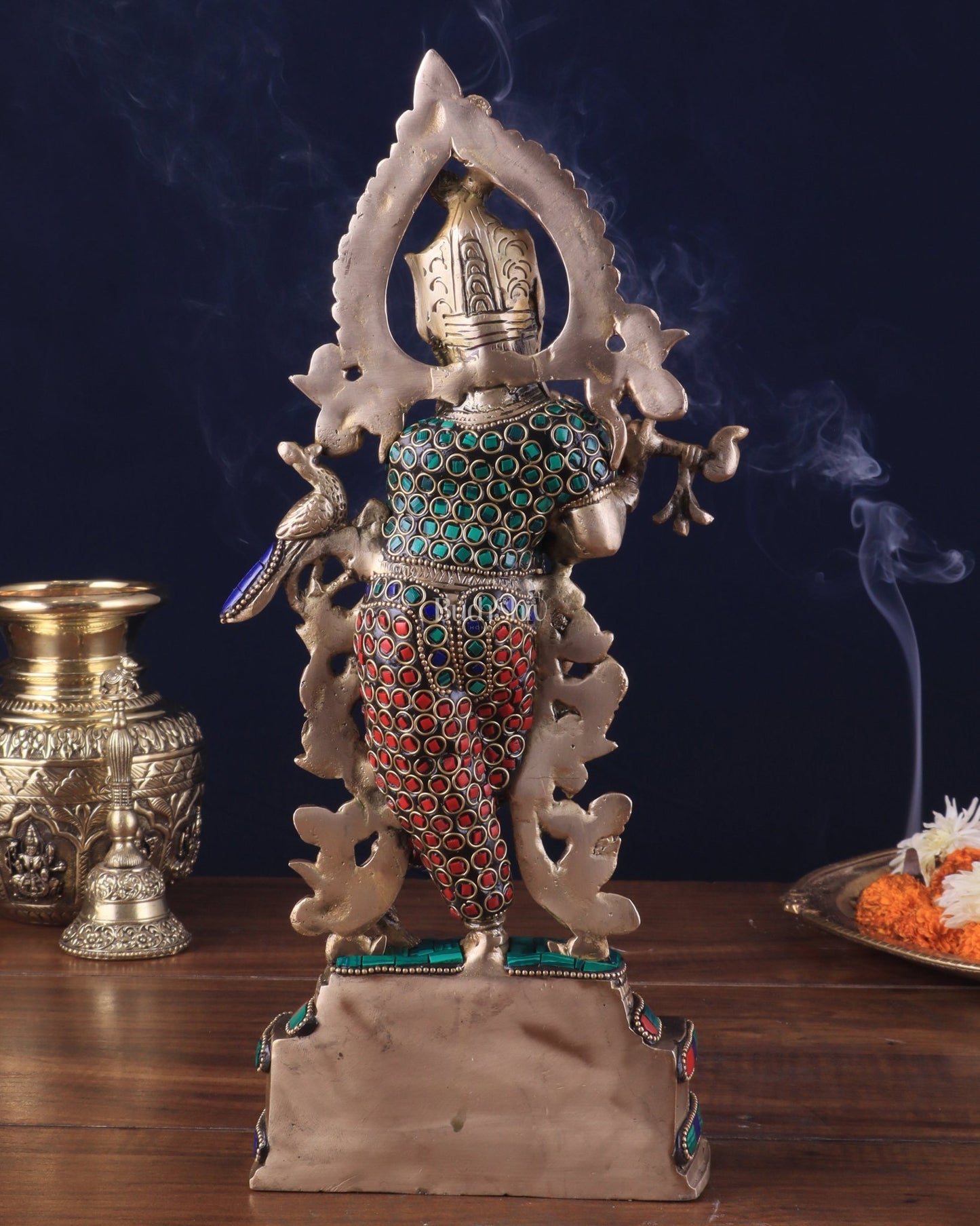 Pure Brass Lord Krishna Statue - 13.5 Inch stonework - Budhshiv.com