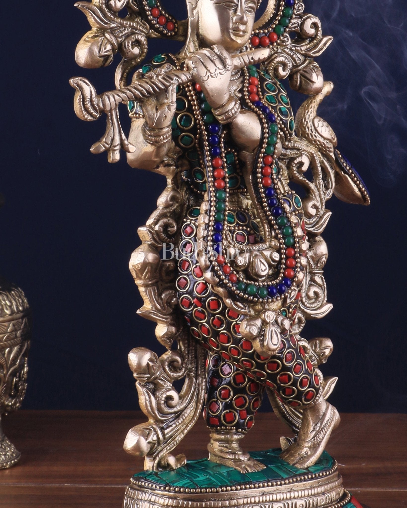 Pure Brass Lord Krishna Statue - 13.5 Inch stonework - Budhshiv.com