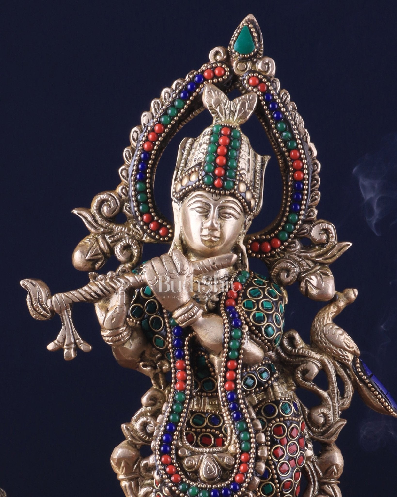 Pure Brass Lord Krishna Statue - 13.5 Inch stonework - Budhshiv.com