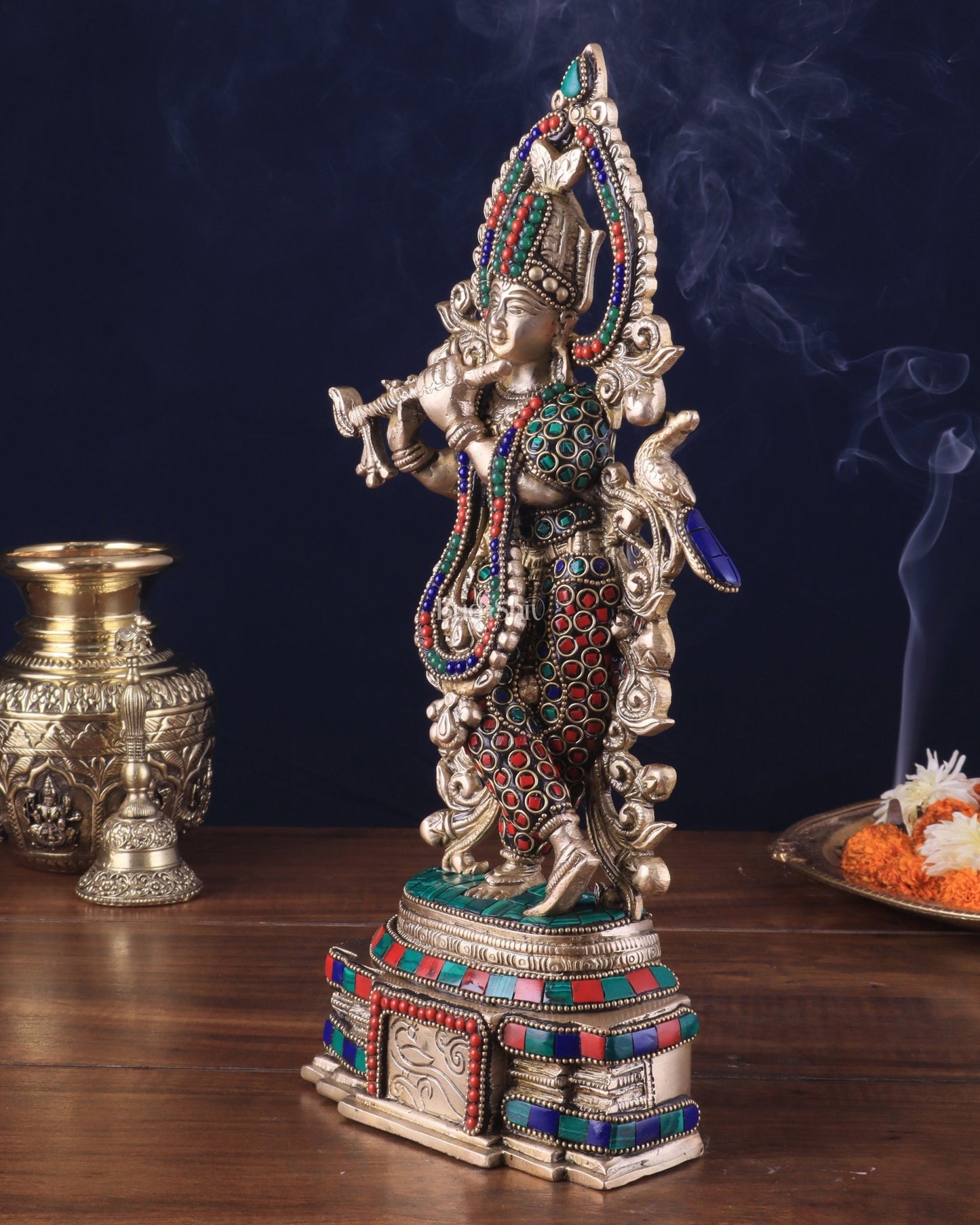 Pure Brass Lord Krishna Statue - 13.5 Inch stonework - Budhshiv.com