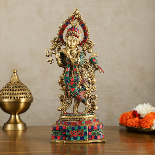 Pure Brass Lord Krishna Statue - 13.5 Inch - Budhshiv.com