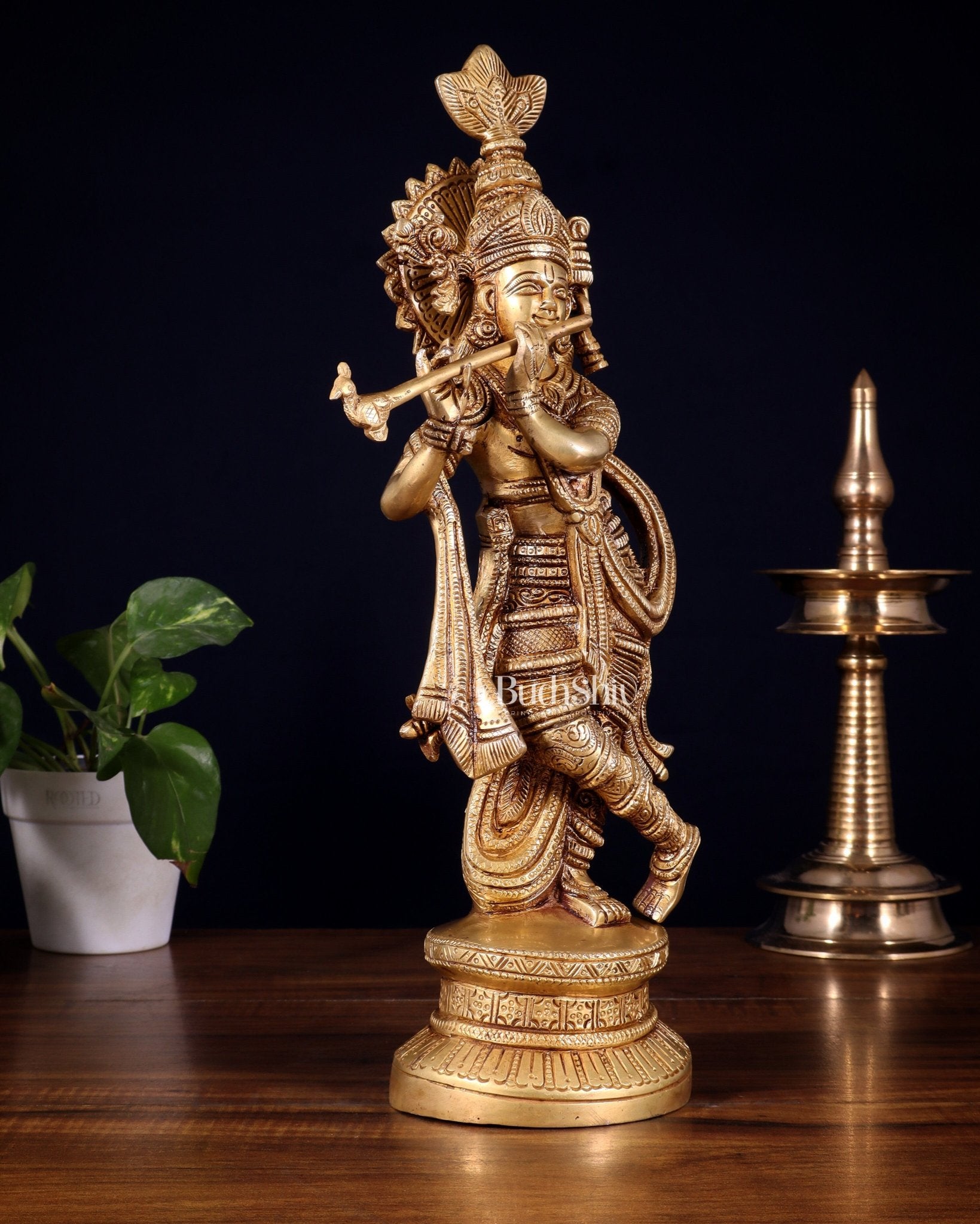 Pure Brass Lord Krishna Statue | 15.5" - Budhshiv.com