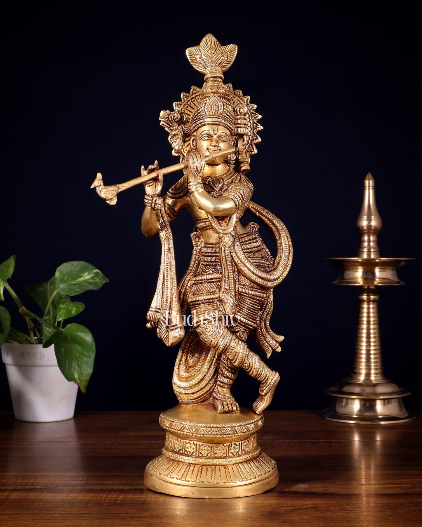 Pure Brass Lord Krishna Statue | 15.5" - Budhshiv.com