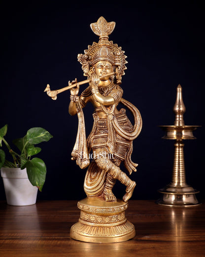 Pure Brass Lord Krishna Statue | 15.5" - Budhshiv.com