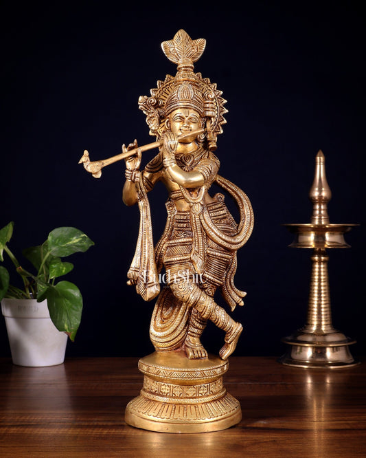 Pure Brass Lord Krishna Statue | 15.5" - Budhshiv.com