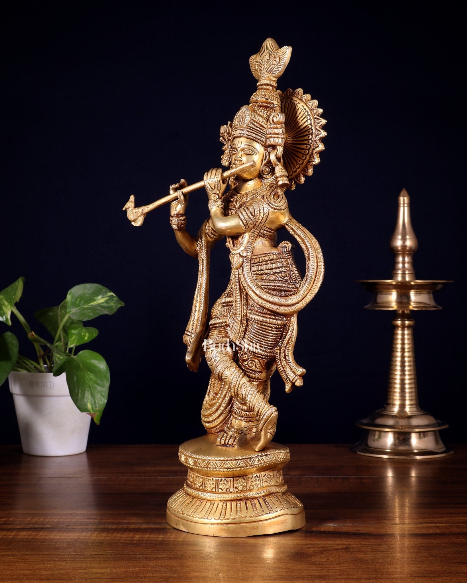 Pure Brass Lord Krishna Statue | 15.5" - Budhshiv.com