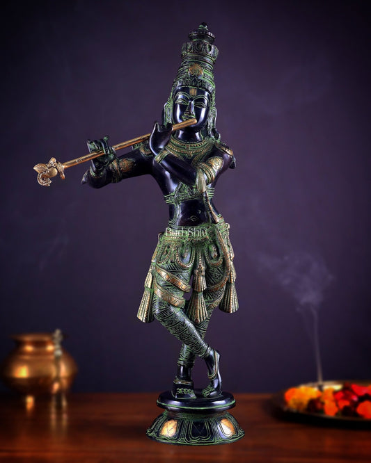 Pure Brass Lord Krishna Statue - Black, green and Gold Finish, 23 Inches - Budhshiv.com