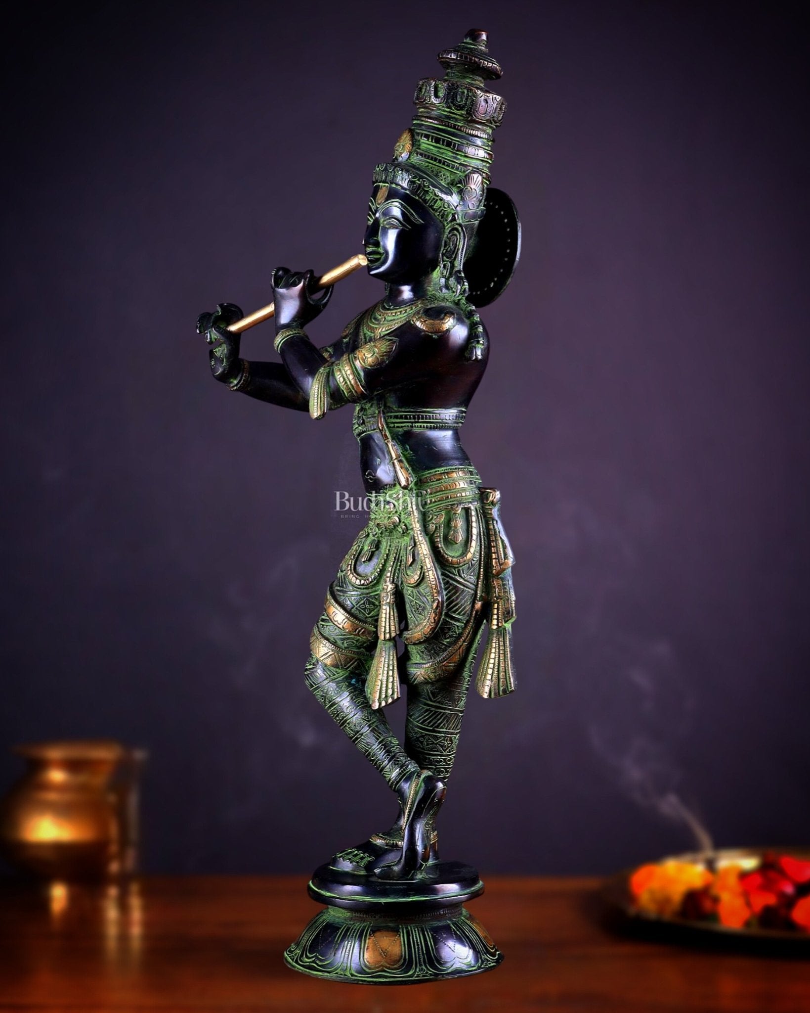 Pure Brass Lord Krishna Statue - Black, green and Gold Finish, 23 Inches - Budhshiv.com