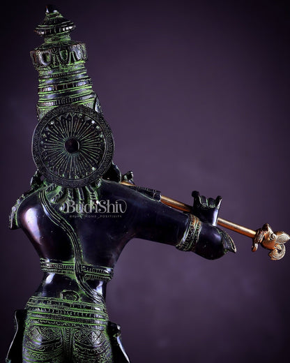 Pure Brass Lord Krishna Statue - Black, green and Gold Finish, 23 Inches - Budhshiv.com