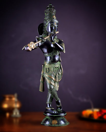 Pure Brass Lord Krishna Statue - Black, green and Gold Finish, 23 Inches - Budhshiv.com