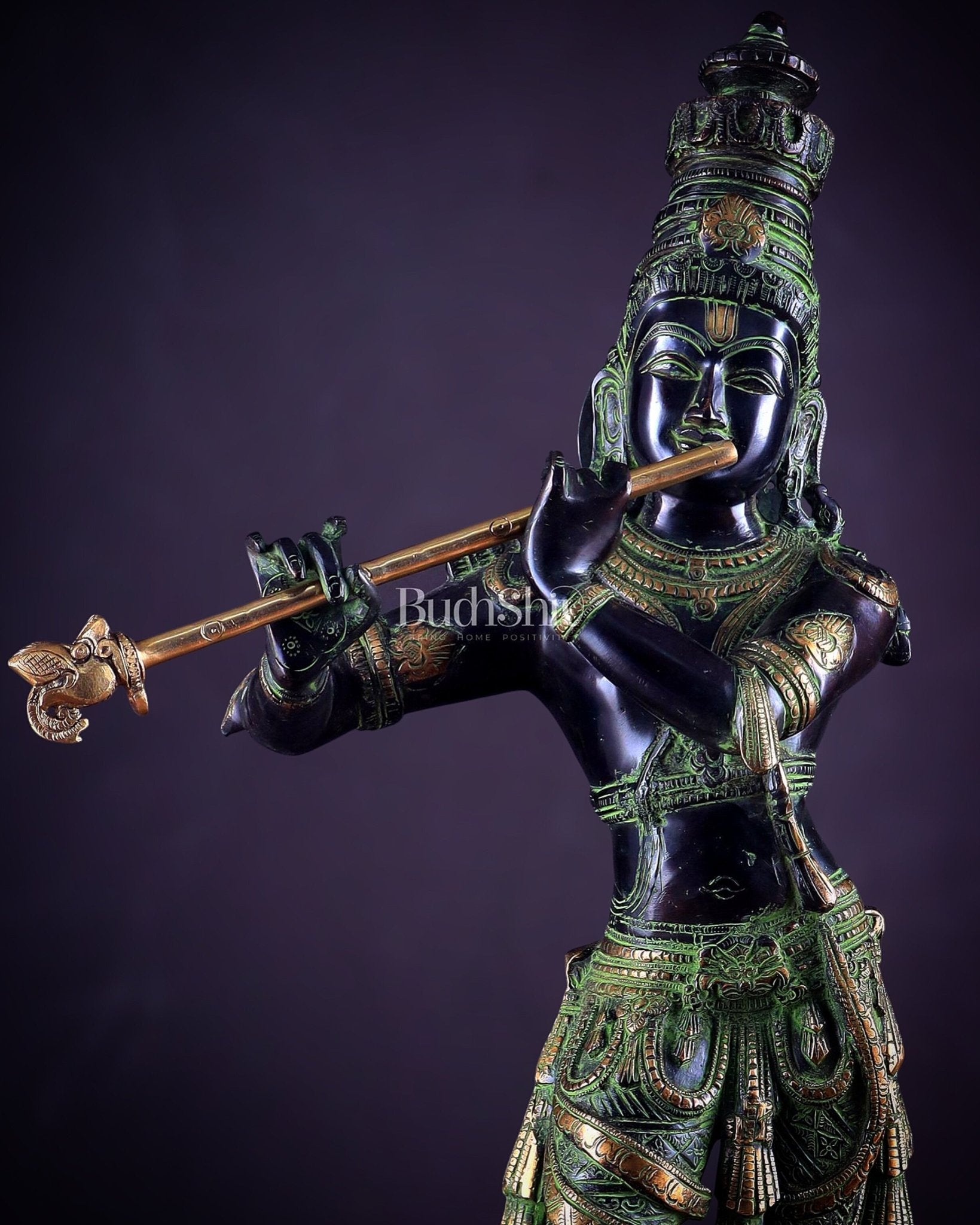 Pure Brass Lord Krishna Statue - Black, green and Gold Finish, 23 Inches - Budhshiv.com