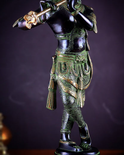 Pure Brass Lord Krishna Statue - Black, green and Gold Finish, 23 Inches - Budhshiv.com