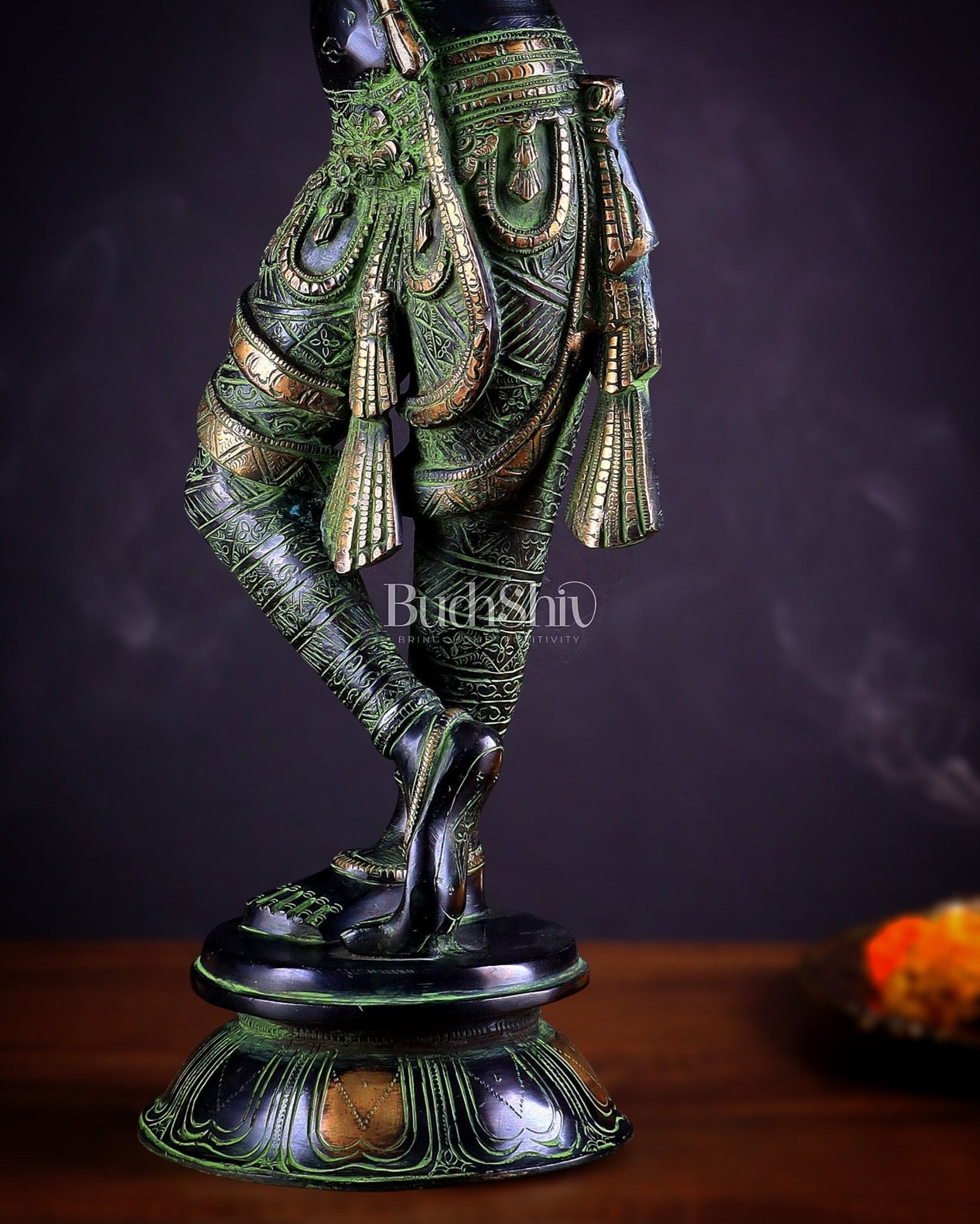 Pure Brass Lord Krishna Statue - Black, green and Gold Finish, 23 Inches - Budhshiv.com