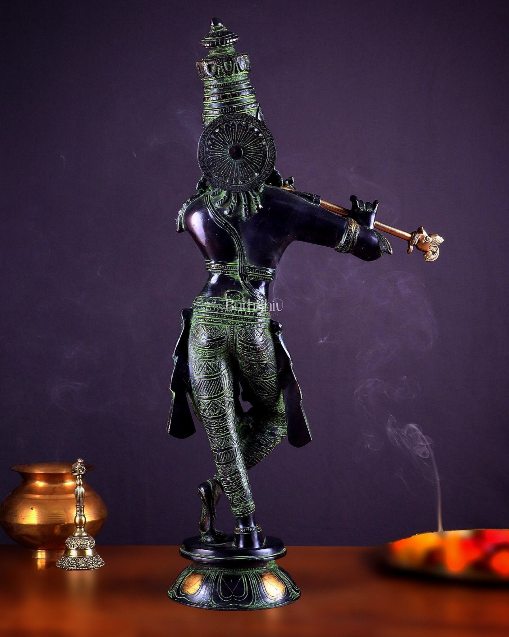 Pure Brass Lord Krishna Statue - Black, green and Gold Finish, 23 Inches - Budhshiv.com